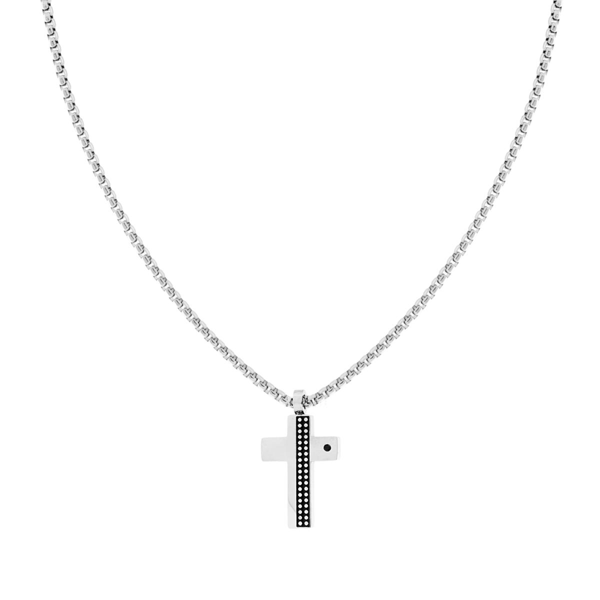 Collana Catena Veneziana Tonda con Croce con Crystal Nero e Decoro Pallinato in ACCIAIO