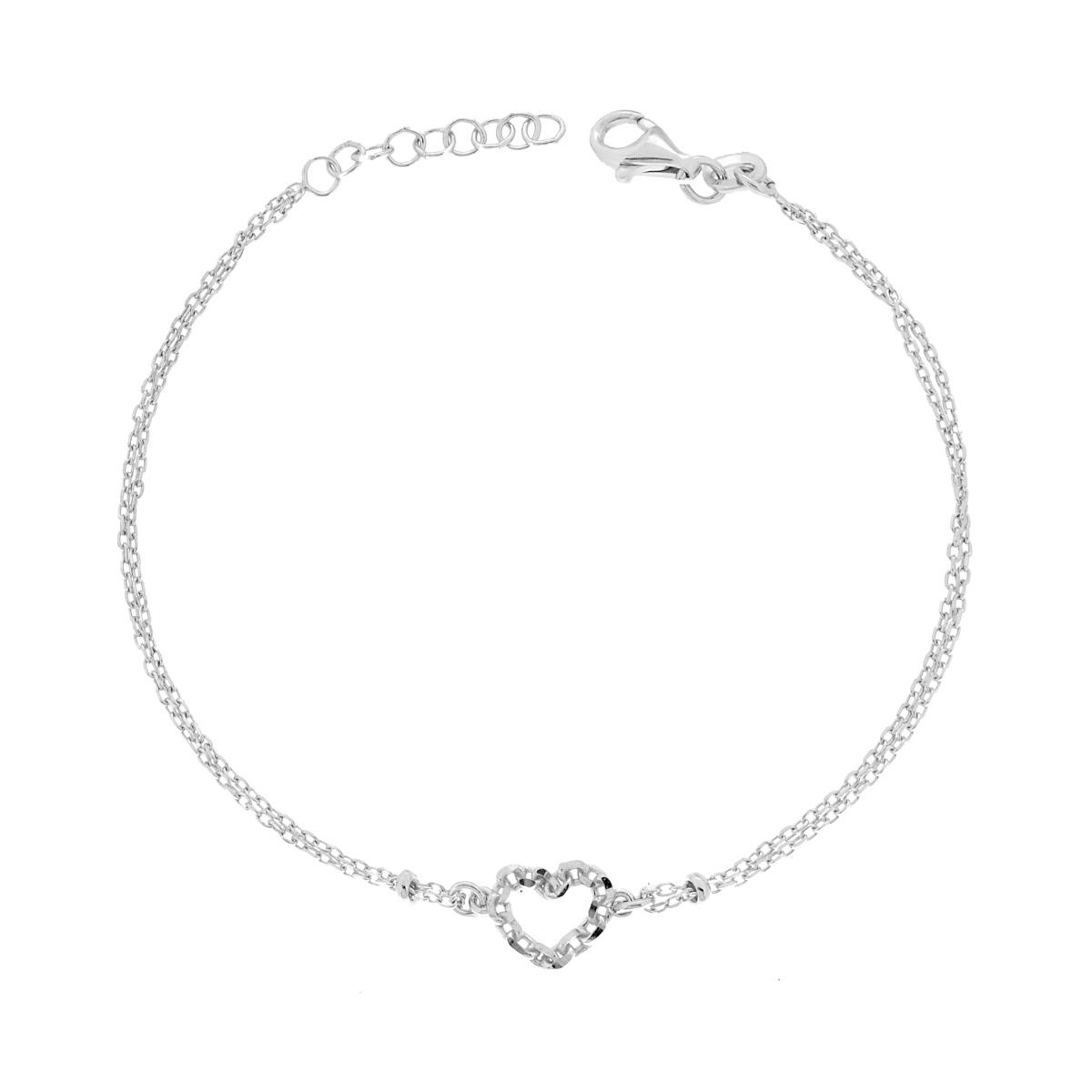 Bracciale due fili Catena Forzatina Diamanta con Cuore effetto Catena Diamantata in ARGENTO 925 Galvanica Rodio