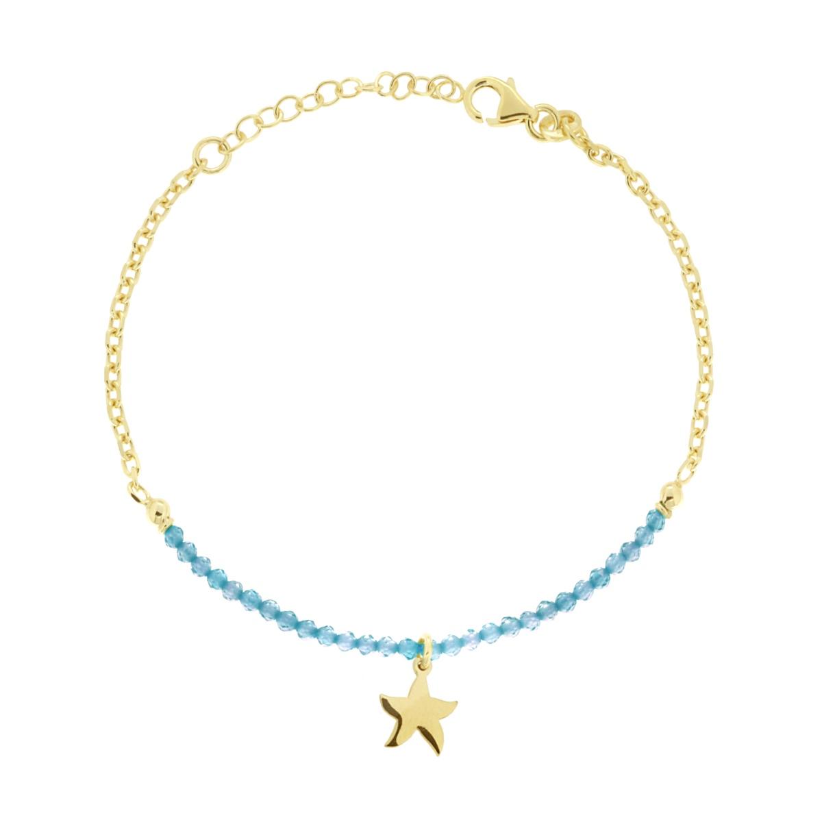 Bracciale Catena Forzatina Diamanta con Stella Marina plain pendente e Crystal Azzurro in ARGENTO 925 Galvanica Oro