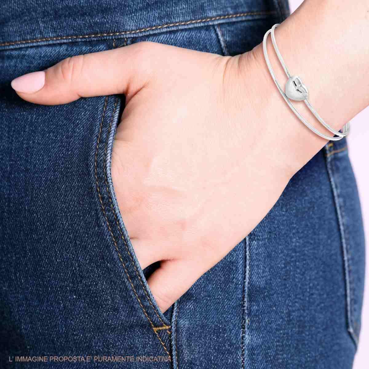 Bracciale Rigido due Fili con Cuore Bombato in ARGENTO 925 Galvanica Rodio