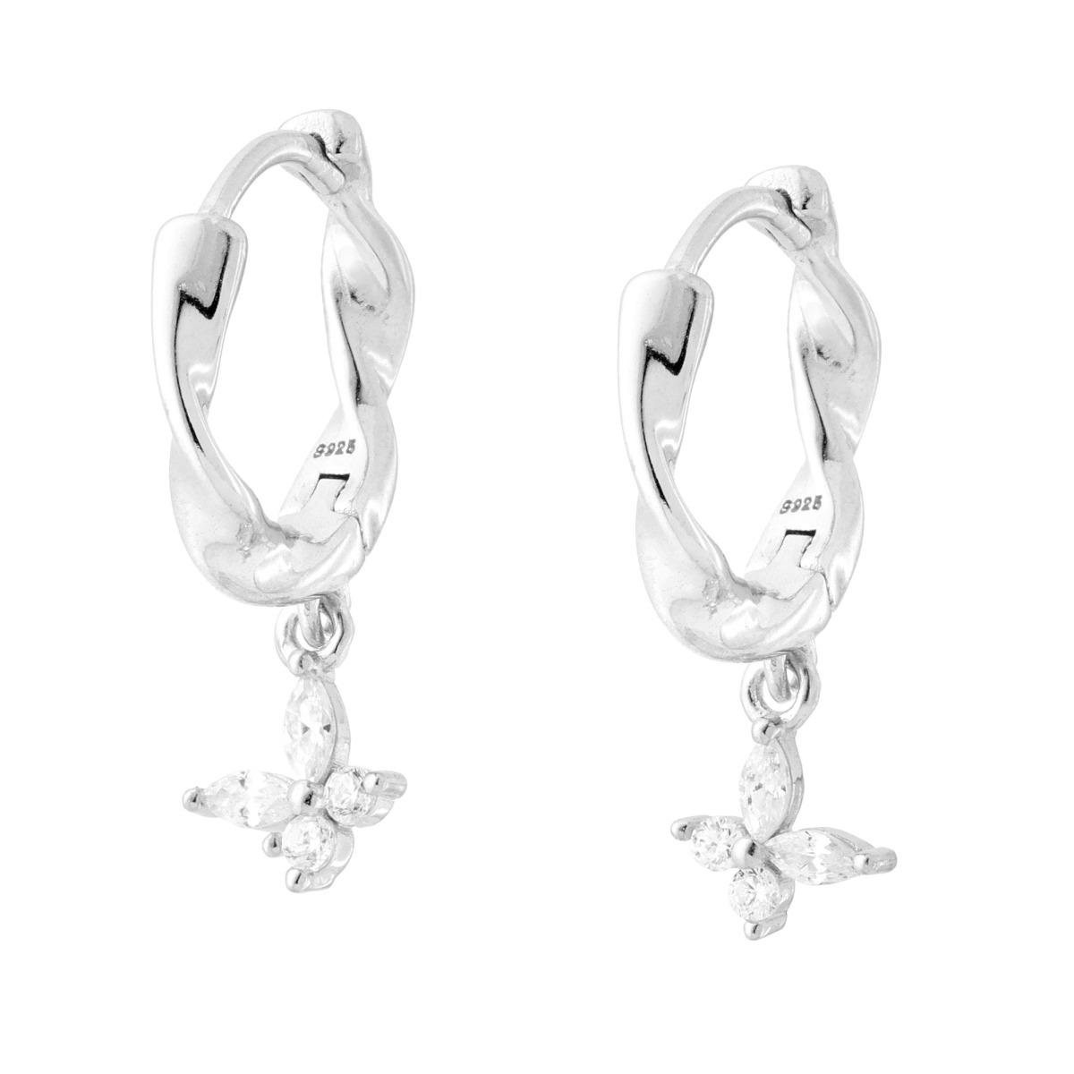 Orecchini Cerchio Torchon Scattino mm 13 con Farfalla con Cubic Zirconia Bianchi in ARGENTO 925 Galvanica Rodio