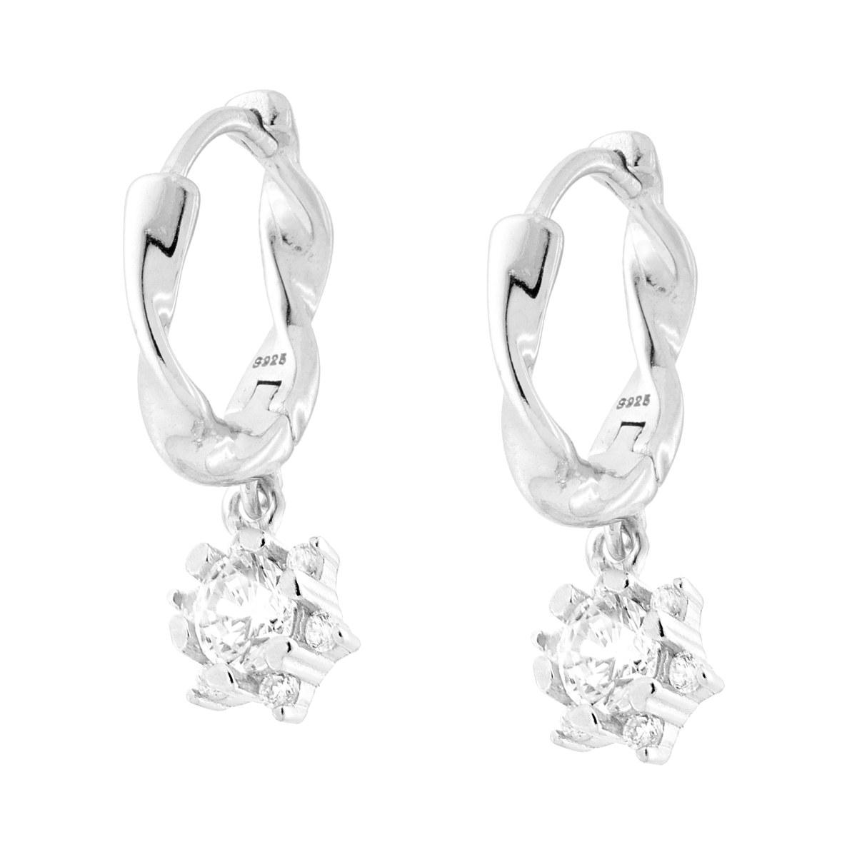 Orecchini Cerchio Torchon Scattino mm 13 con Fiore Punto Luce Cubic Zirconia Bianchi in ARGENTO 925 Galvanica Rodio