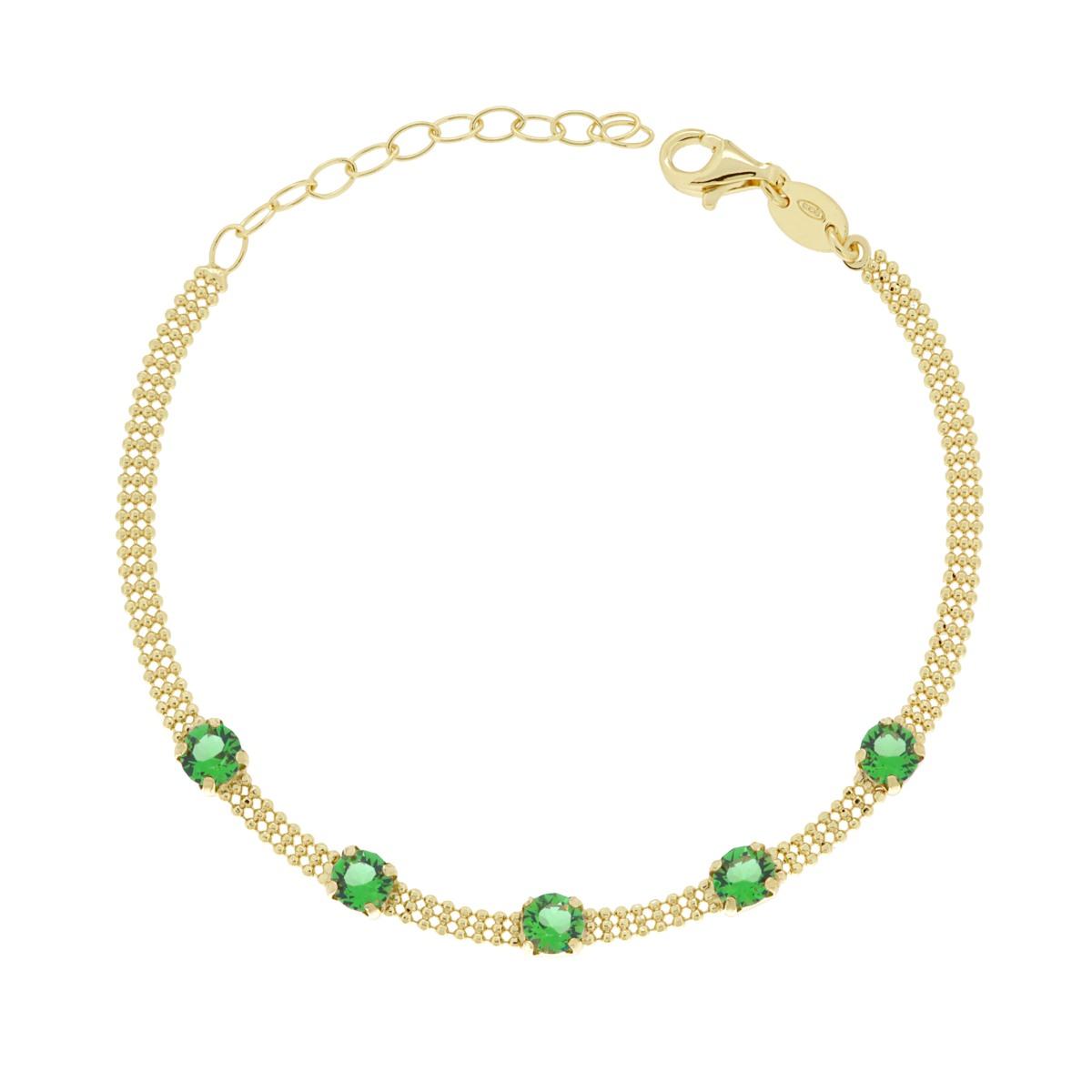 Bracciale Fascia con Catena Palline Diamantate e Cubic Zirconia Verde Smeraldo in ARGENTO 925 Galvanica Oro