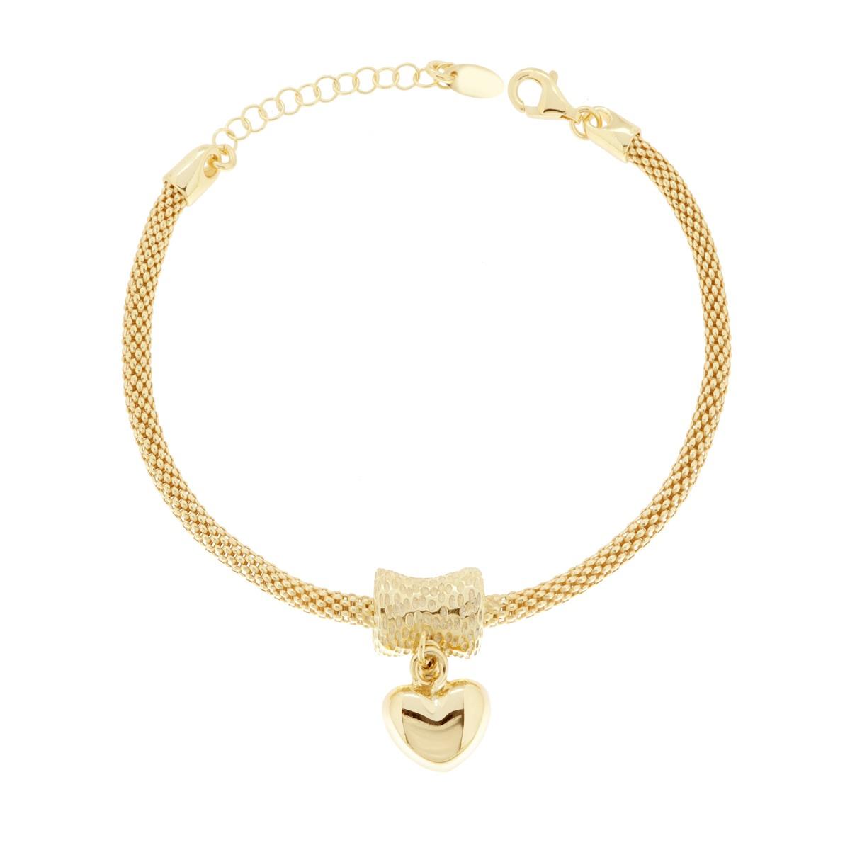 Bracciale Catena Coreana con Cuore Bombato centrale pendente in ARGENTO 925 Galvanica Oro