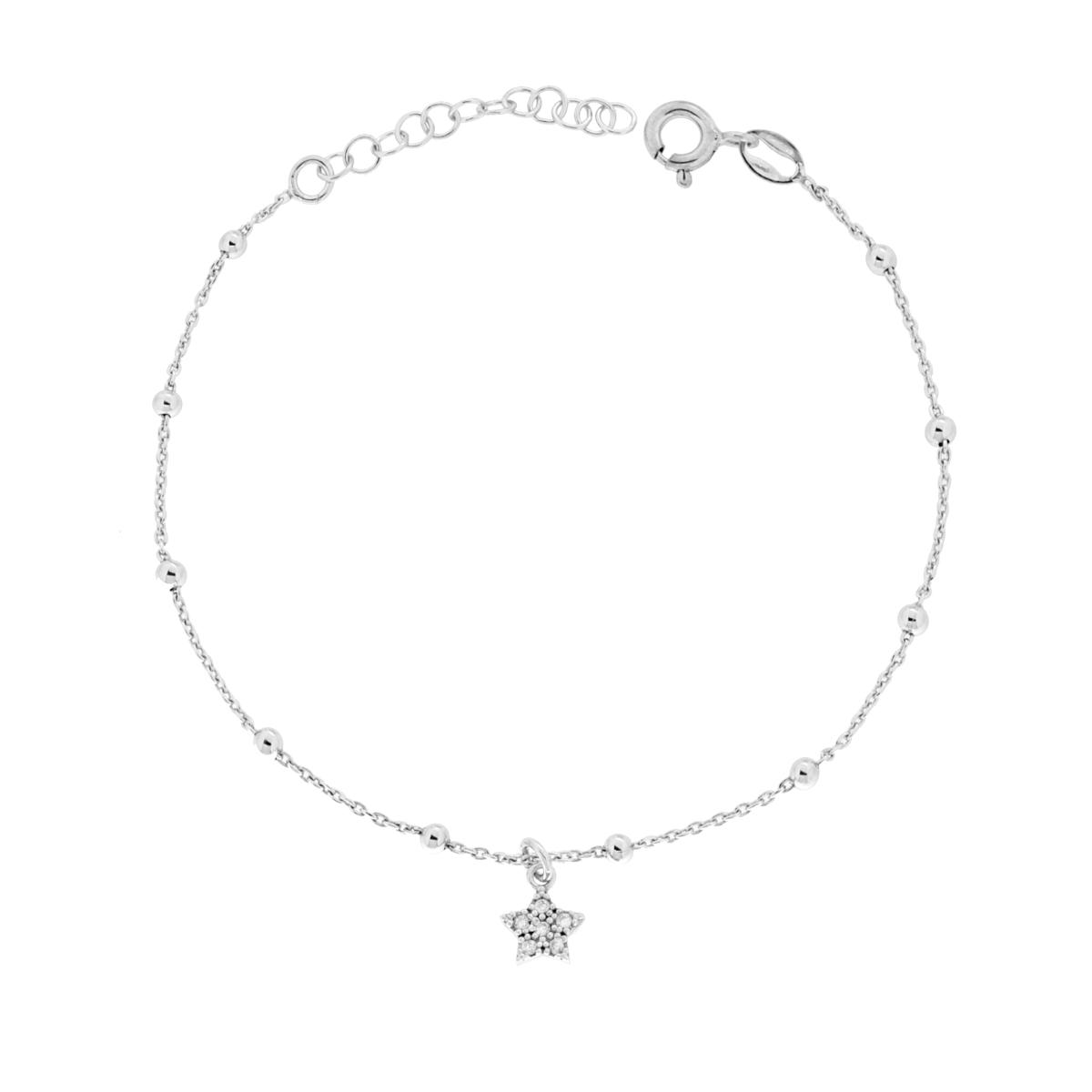 Bracciale Catena Forzatina Diamantata con Palline e Stella con Cubic Zirconia Bianchi in ARGENTO 925 Galvanica Rodio