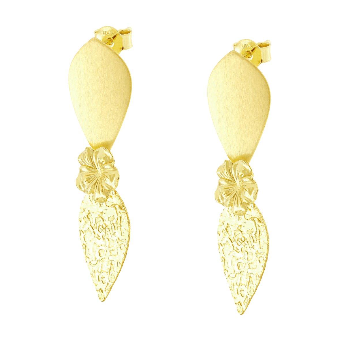 Orecchini con Fiore e pendenti Goccia Satinati Martellati in ARGENTO 925 Galvanica Oro