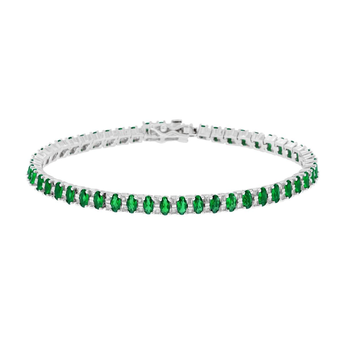 Bracciale Tennis Griffe con Ovali Verde Smeraldo e Cubic Zirconia Bianchi in ARGENTO 925 Galvanica Rodio
