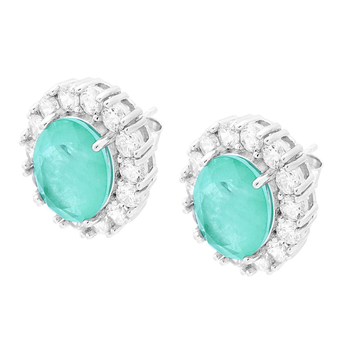 Orecchini Ovale Pietra Naturale Tormalina Paraiba contornato da Cubic Zirconia Bianchi in ARGENTO 925 Galvanica Rodio