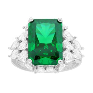 Anello Rettangolare Verde Smeraldo contornato da Cubic Zirconia Goccia Bianchi in ARGENTO 925 Galvanica Rodio