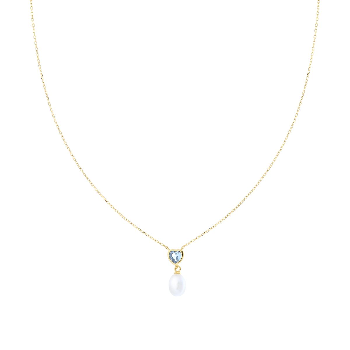 Collana Catena Forzatina Diamantata con Cuore Cubic Zirconia Acquamarina e Perla centrale in ARGENTO 925 Galvanica Oro