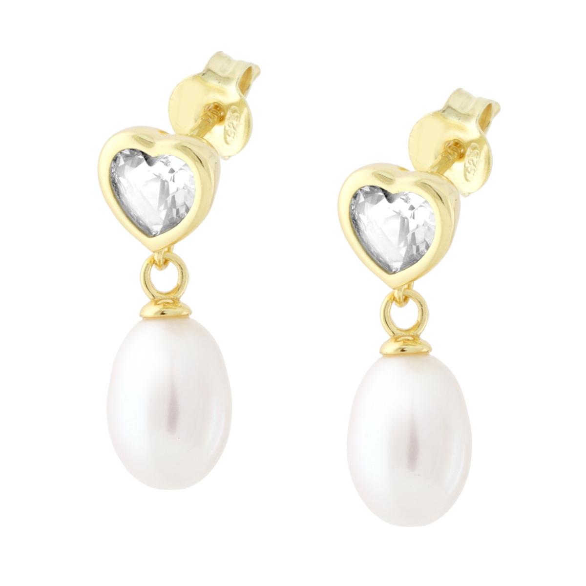 Orecchini Cuore Cubic Zirconia Bianco e Perla di Fiume pendente in ARGENTO 925 Galvanica Oro