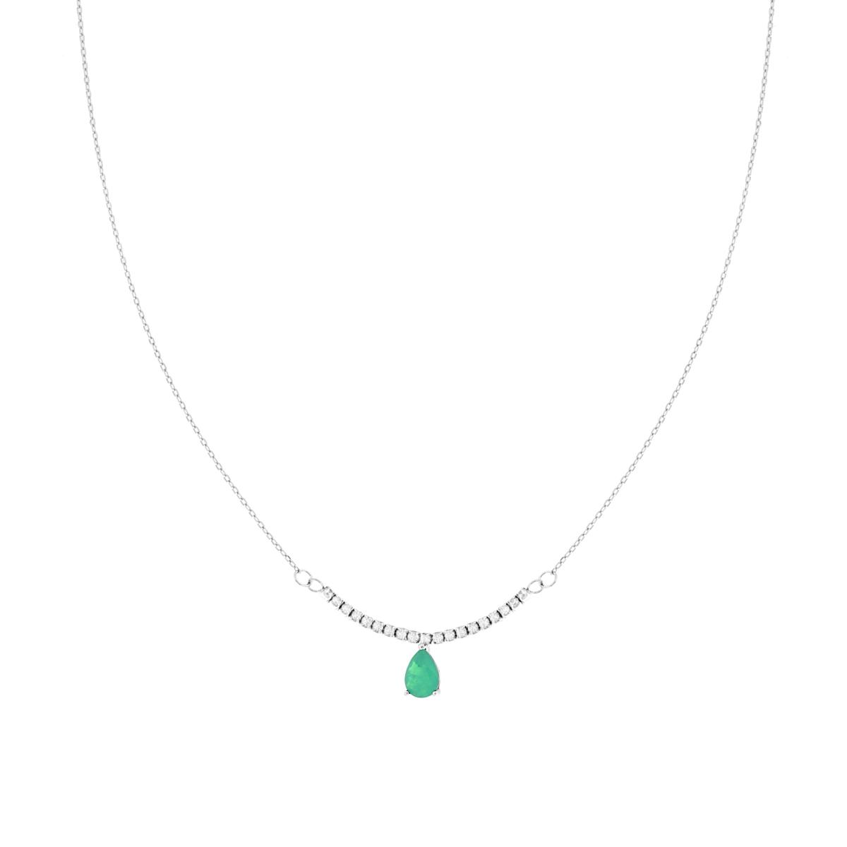 Collana Catena Forzatina Diamantata con Goccia Verde Smeraldo e centrale Tennis Cubic Zirconia Bianchi in ARGENTO 925 Galvanica Rodio