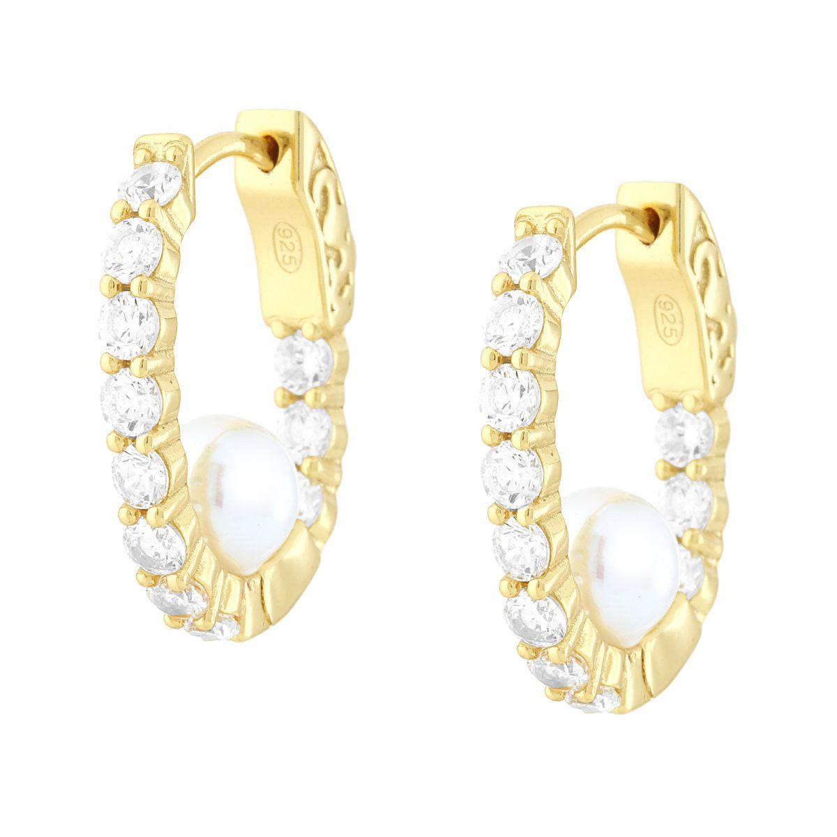 Orecchini Cerchio Ovale con Cubic Zirconia e Perla in ARGENTO 925 Galvanica  Oro 34947