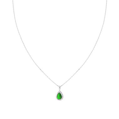 Collana Catena Forzatina Diamantata Goccia Verde Smeraldo contornata da Cubic Zirconia Bianchi in ARGENTO 925 Galvanica Rodio