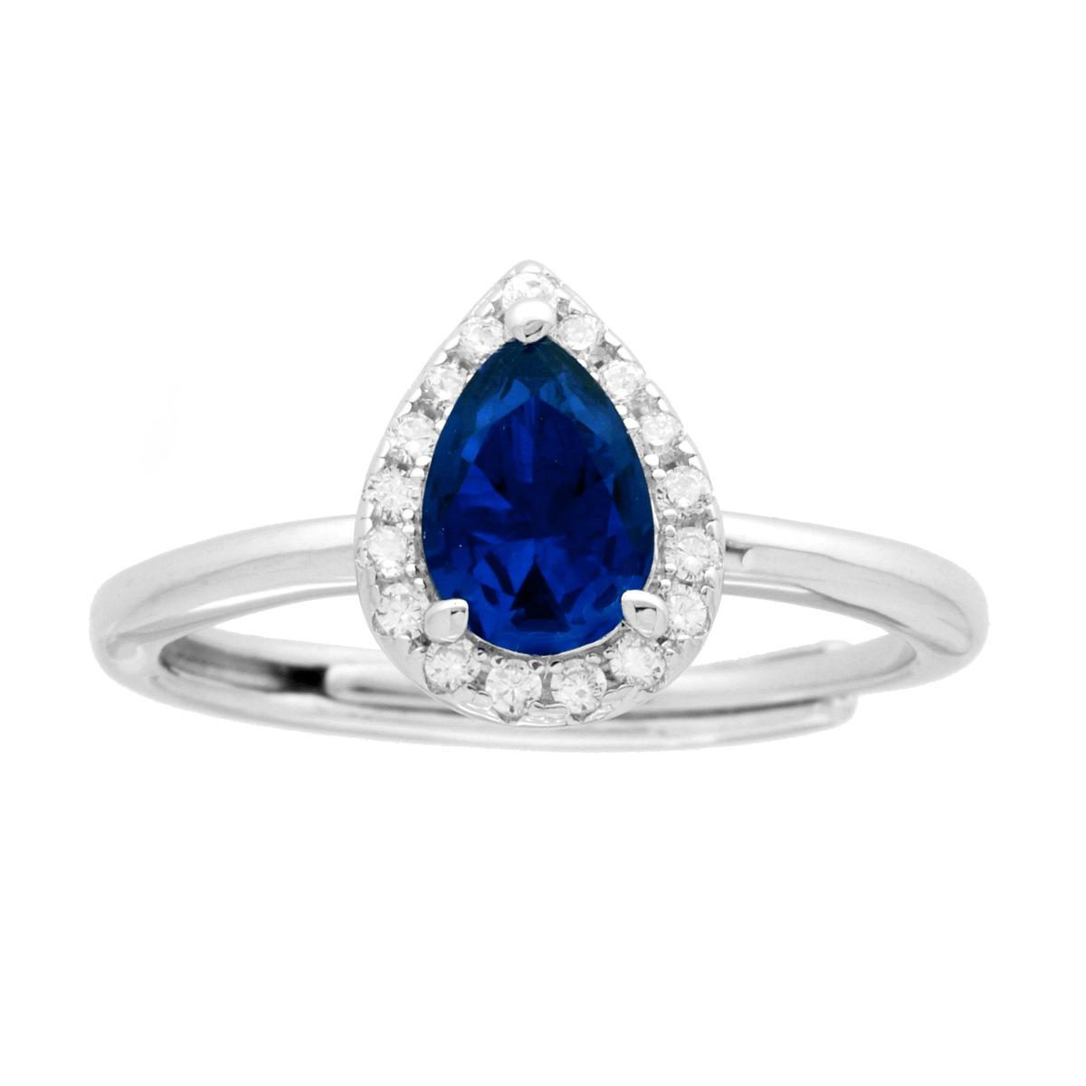 Anello Halo Solitario con Zircone a Goccia Blu Zaffiro contornato con Zirconi Bianchi in ARGENTO 925 Galvanica Rodio