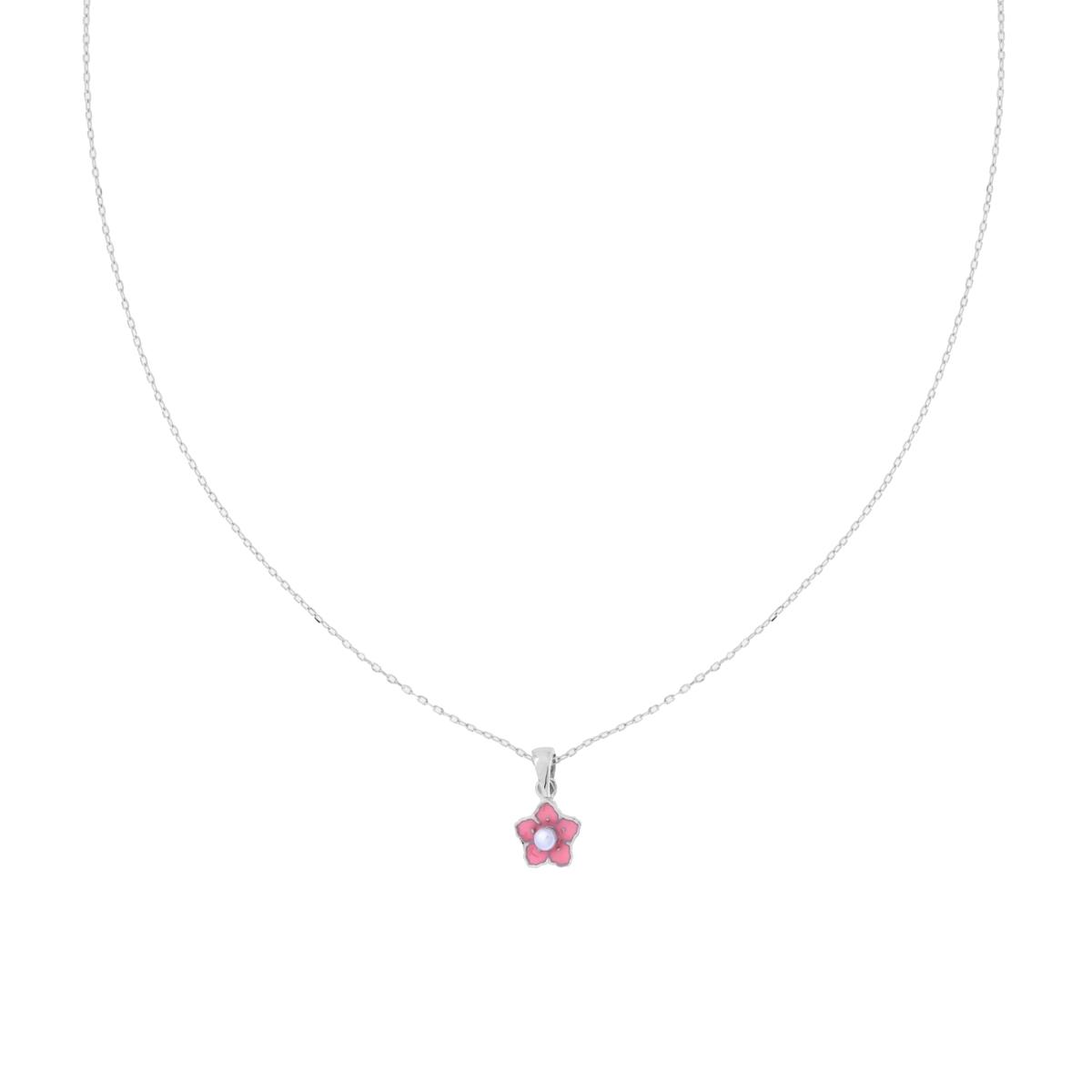 Collana Catena Forzatina Diamantata con Fiore smalto Rosa e Perla in ARGENTO 925 Galvanica Rodio