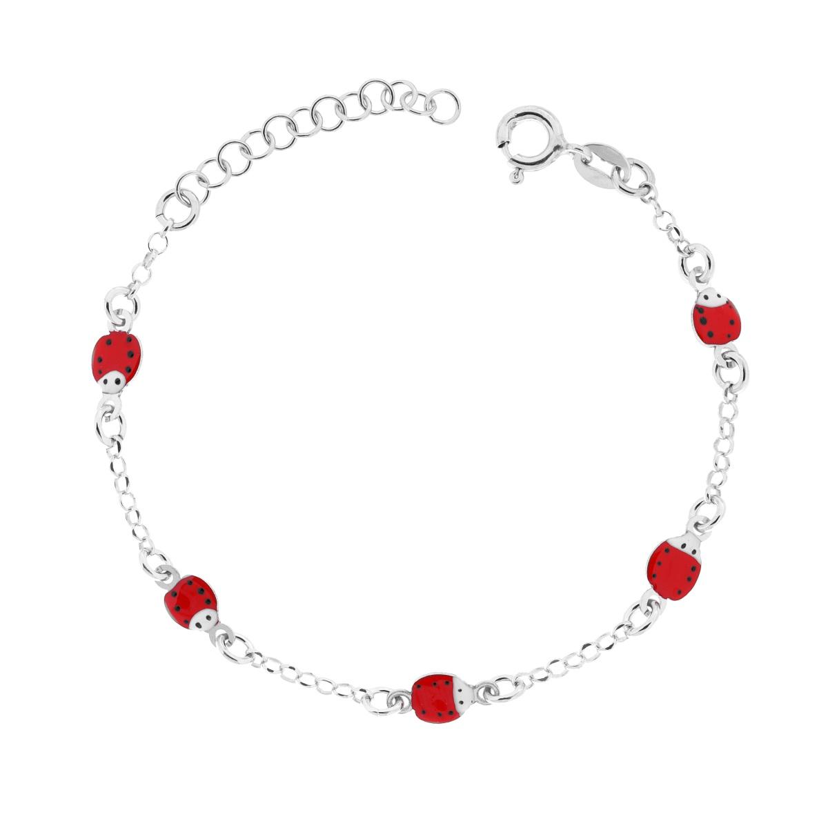 Bracciale Bimbo Bimba Catena Rolo Diamantata con Coccinelle smalto Rosso in ARGENTO 925 Galvanica Rodio