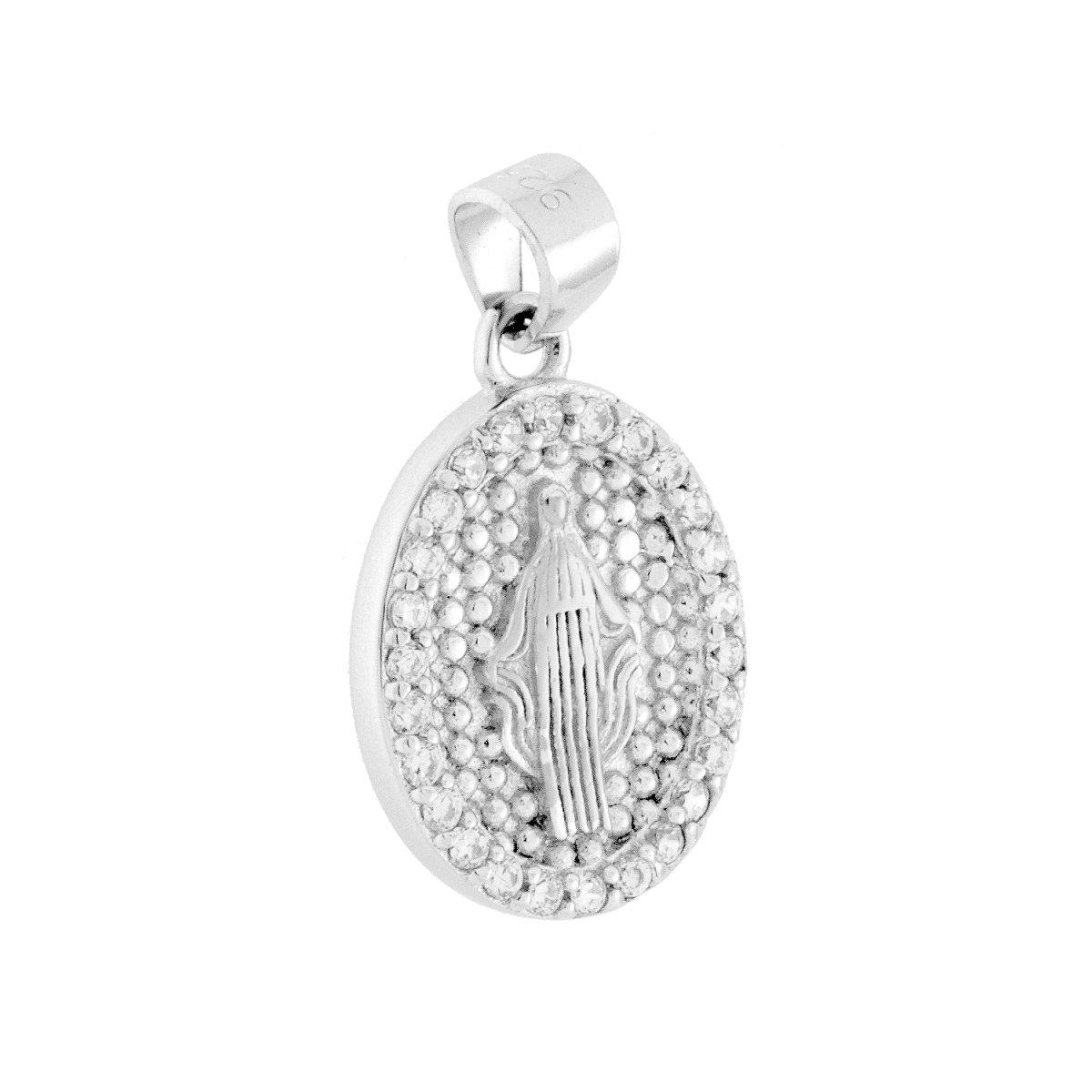 Ciondolo Medaglia Ovale Madonna Miracolosa con Cubic Zirconia Bianchi 10x13 mm in ARGENTO 925 Galvanica Rodio