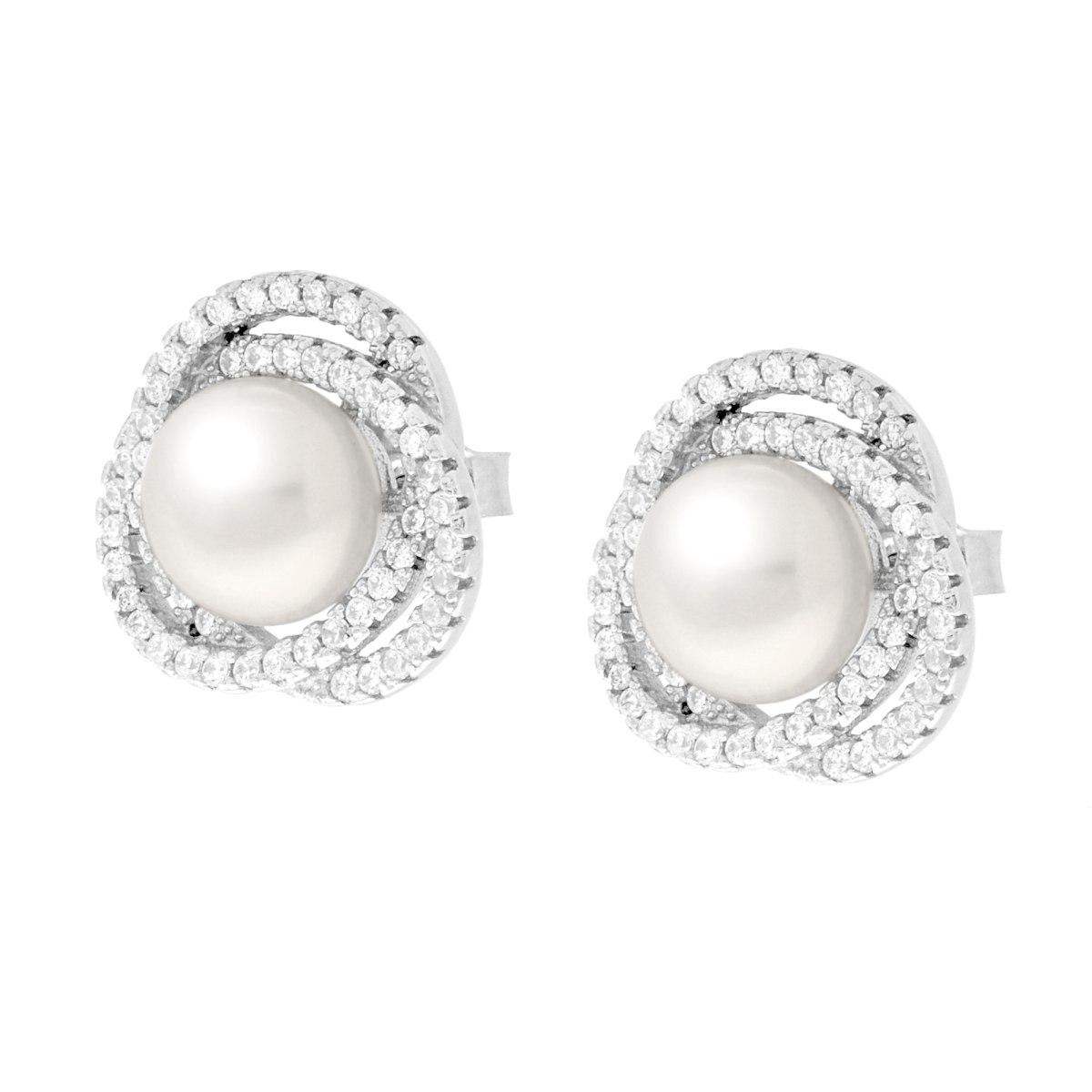 Orecchini Tondi Vortice con Perla di Fiume e Cubic Zirconia Bianchi in ARGENTO 925 Galvanica Rodio