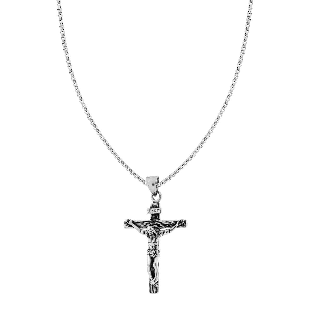 Collana Catena Veneziana tonda con Croce con Cristo pendente in ACCIAIO