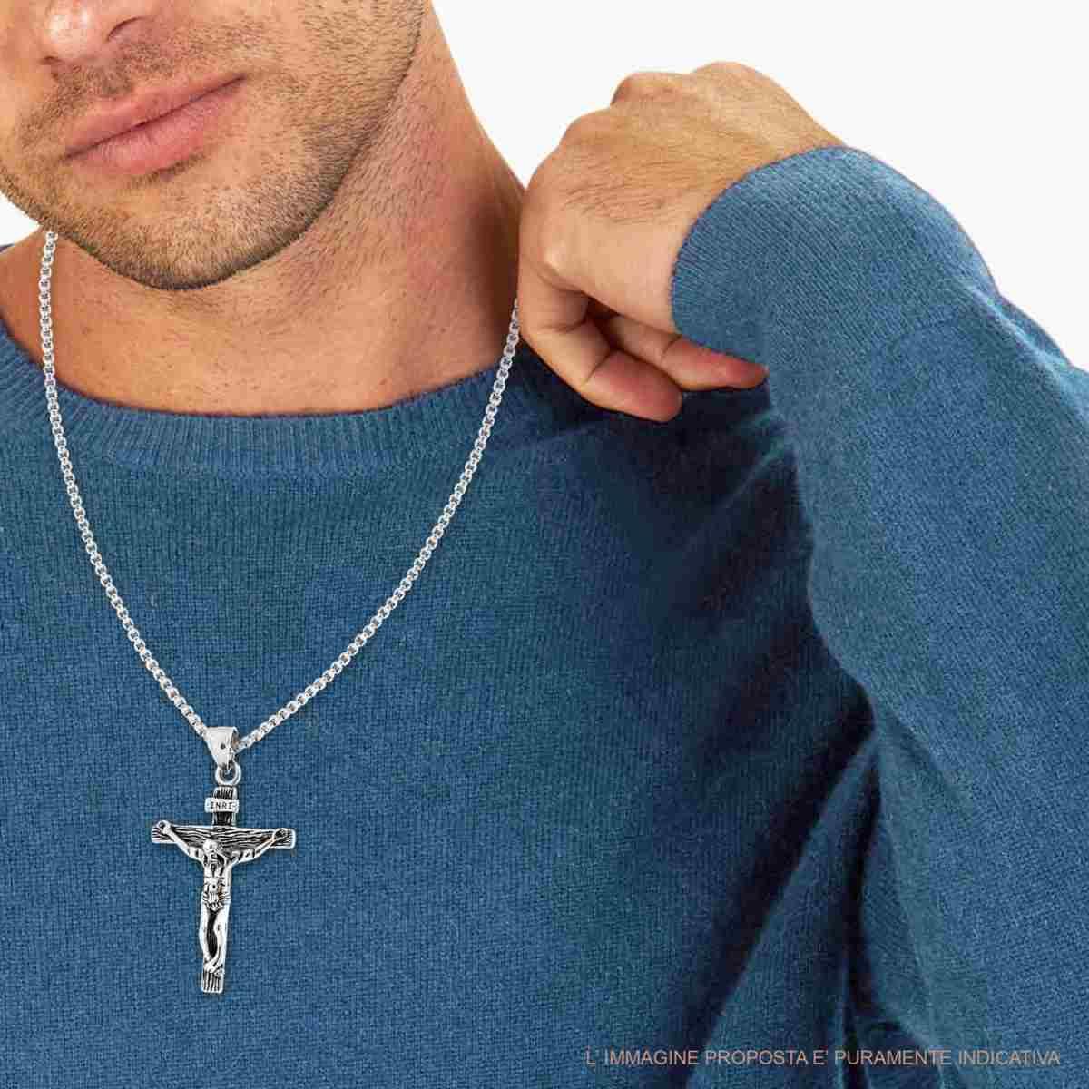 Collana Catena Veneziana tonda con Croce con Cristo pendente in ACCIAIO