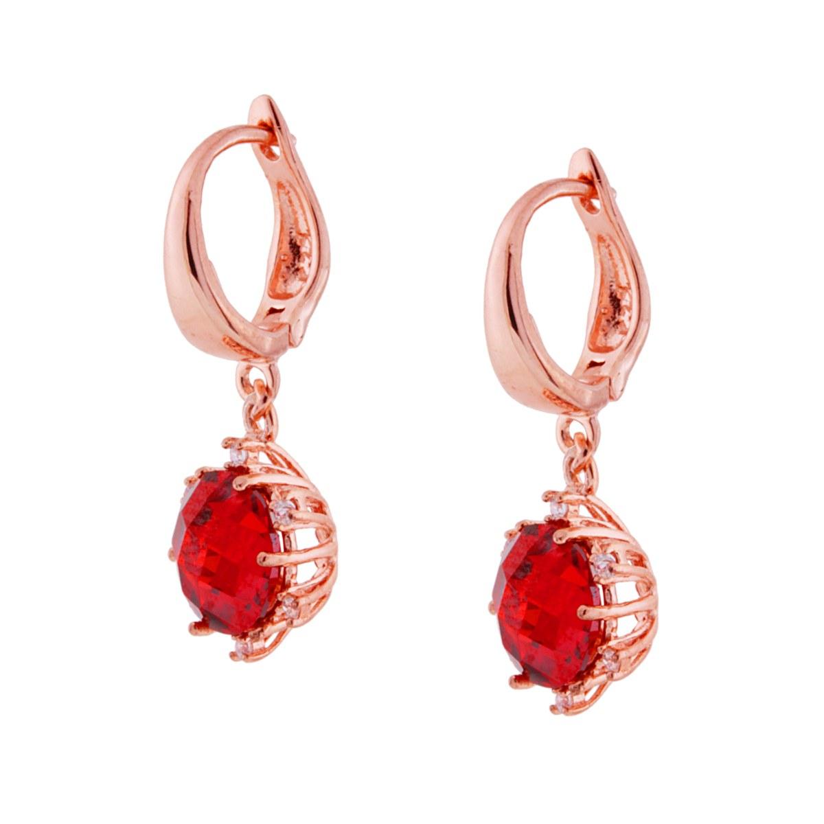 Orecchini Cerchio con Cubic Zirconia Rosso Rubino Tondo pendente in ARGENTO 925 Galvanica Rosa