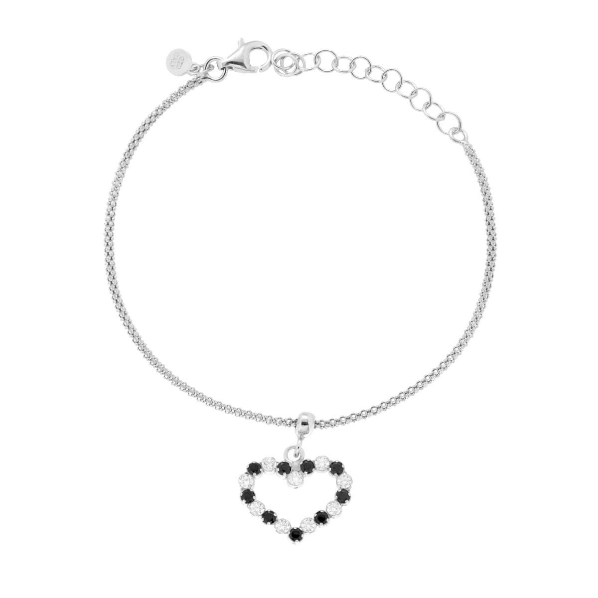 Bracciale Catena Coreana con Cuore e Cubic Zirconia Neri e Bianchi in ARGENTO 925 Galvanica Rodio