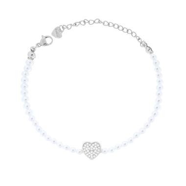 Bracciale Perle con Cuore e Crystal Bianchi in ACCIAIO e OTTONE