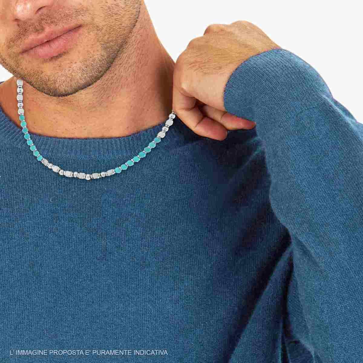 Collana Catena con Palline Sfaccettate Pietra Turchese e Cubetti in ACCIAIO