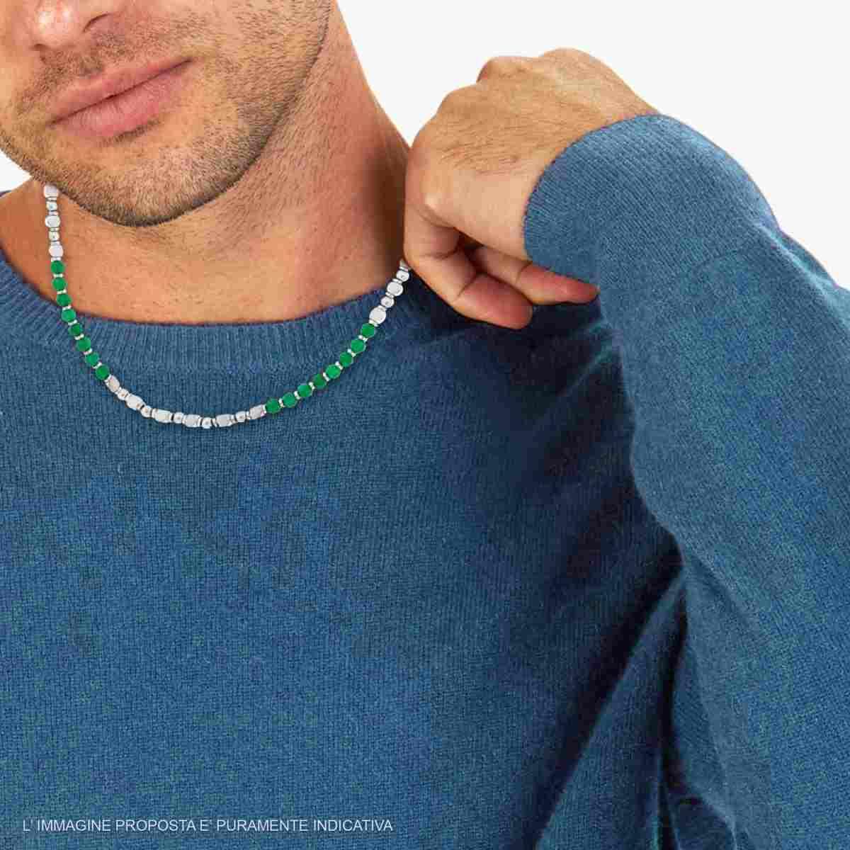 Collana Catena con Palline Pietra Verde Giada e Cubetti in ACCIAIO