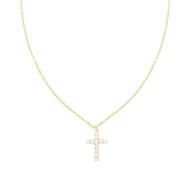 Collana Catena Forzatina Diamantata con Croce e Cubic Zirconia Bianco in ACCIAIO e OTTONE colore Oro