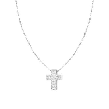 Collana Catena Forzatina Diamantata con Croce e Cubic Zirconia Bianco in ACCIAIO e OTTONE