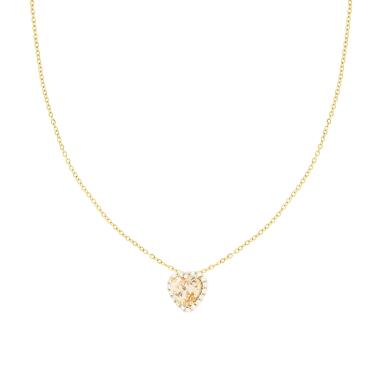 Collana Catena Forzatina Diamantata con Cuore Champagne contornato da Cubic Zirconia Bianchi in ACCIAIO e OTTONE colore Oro