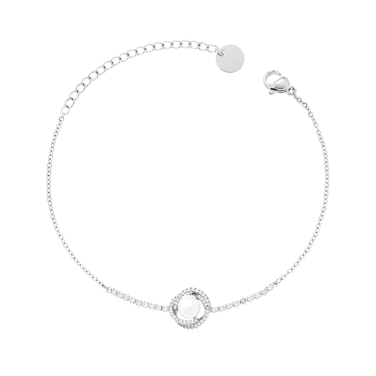 Bracciale Catena Forzatina Diamantata con Nodo Tennis Cubic Zirconia Bianchi e Perla in ACCIAIO e OTTONE