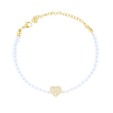 Bracciale Perle con Cuore e Crystal Bianchi in ACCIAIO e OTTONE colore Oro