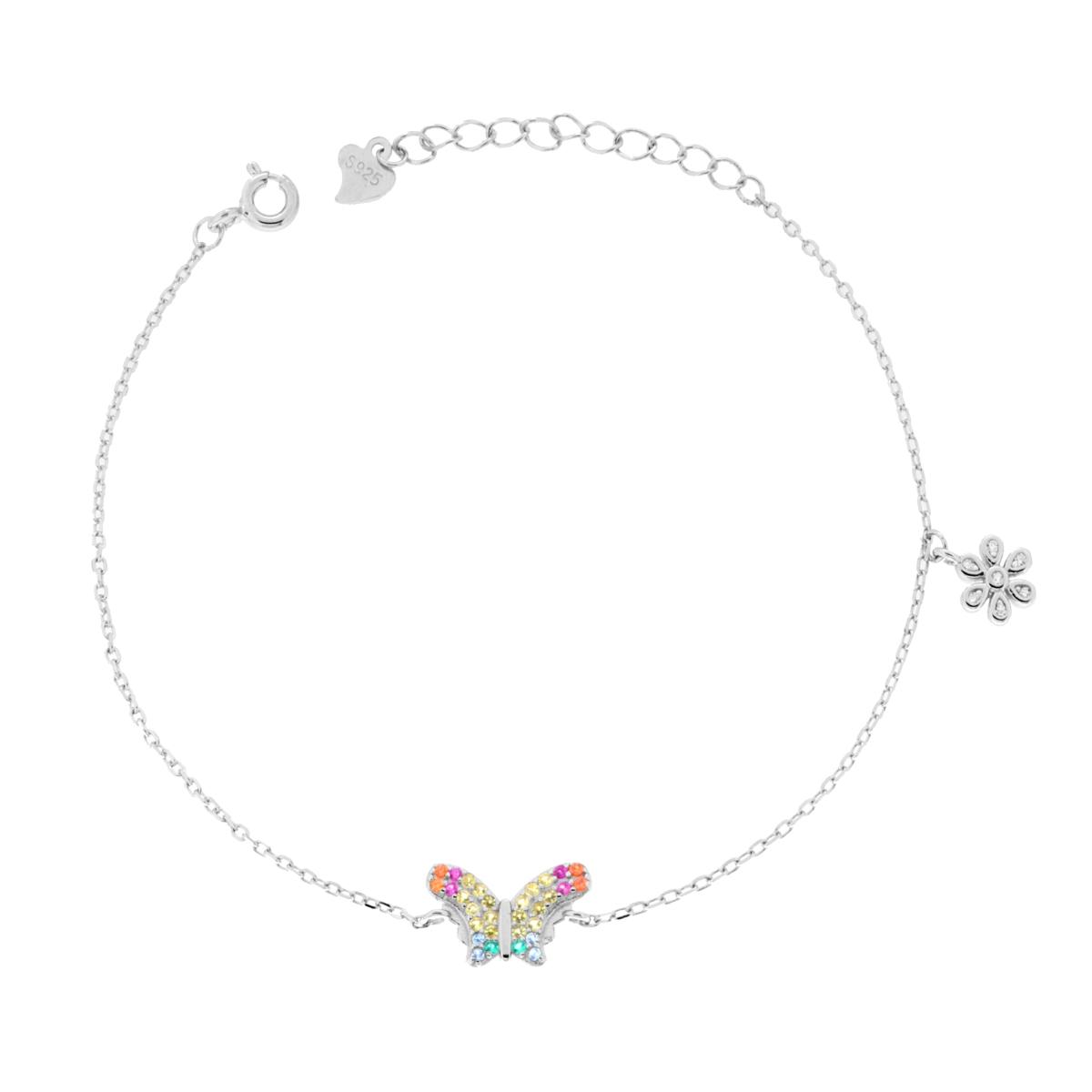 Bracciale Catena Forzatina Diamantata con Fiore e Farfalla con Cubic Zirconia Multicolor in ARGENTO Galvanica Rodio