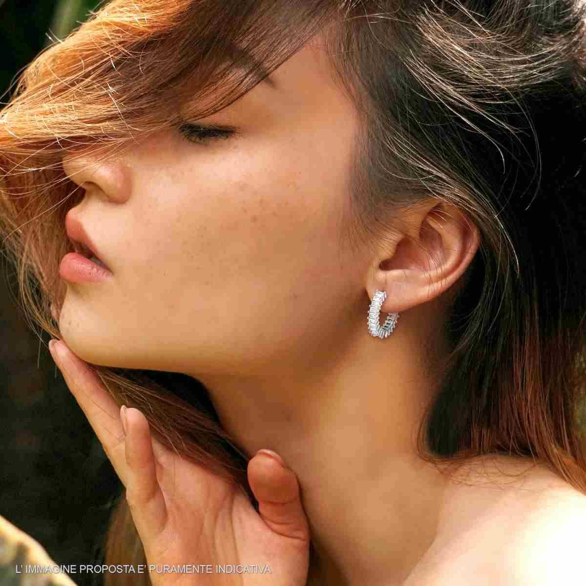 Orecchini Cerchio a Scattino mm 21 con Baguette Cubic Zirconia Bianchi in ARGENTO 925 Galvanica Rodio