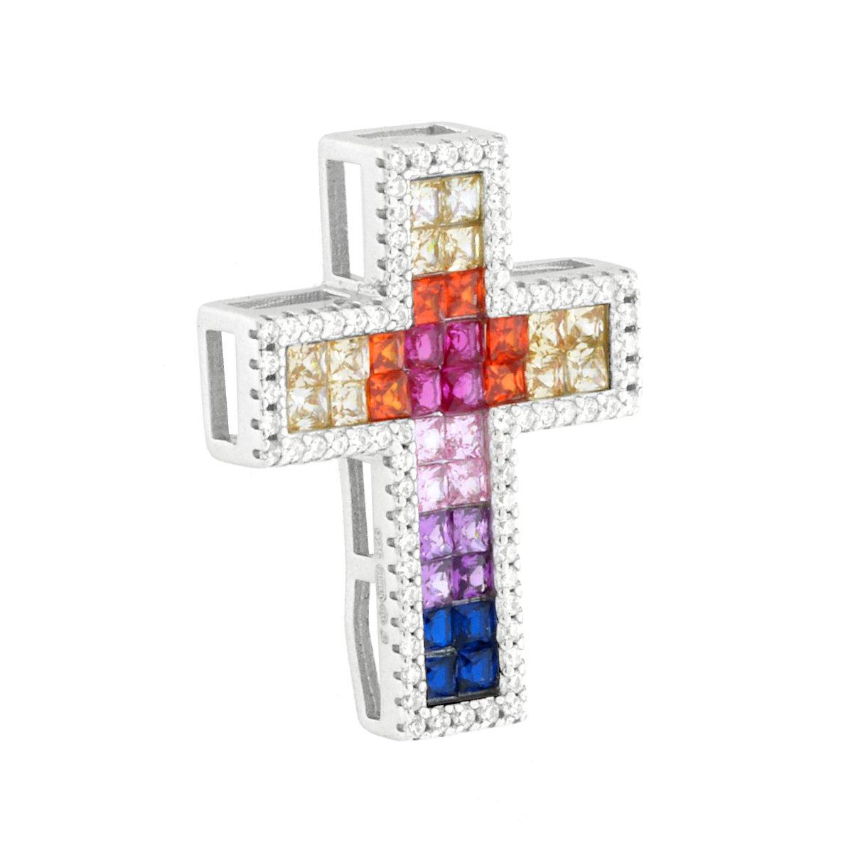 Ciondolo Croce Passante con Cubic Zirconia Multicolor e Bianchi in ARGENTO 925 Galvanica Rodio