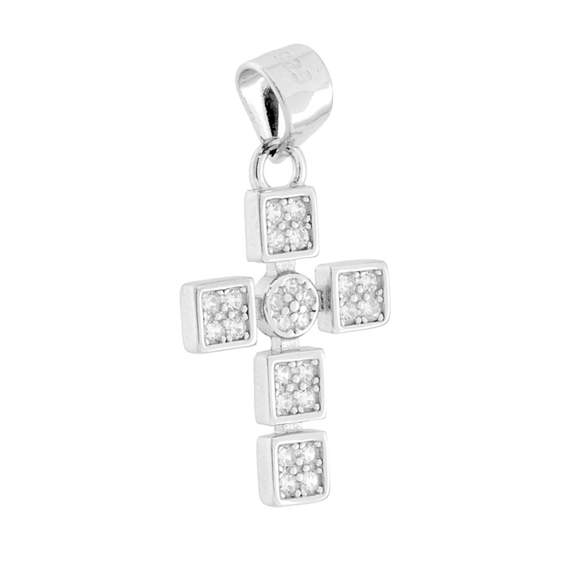Ciondolo Croce Processionale con Quadrati e Cubic Zirconia Bianchi in ARGENTO 925 Galvanica Rodio
