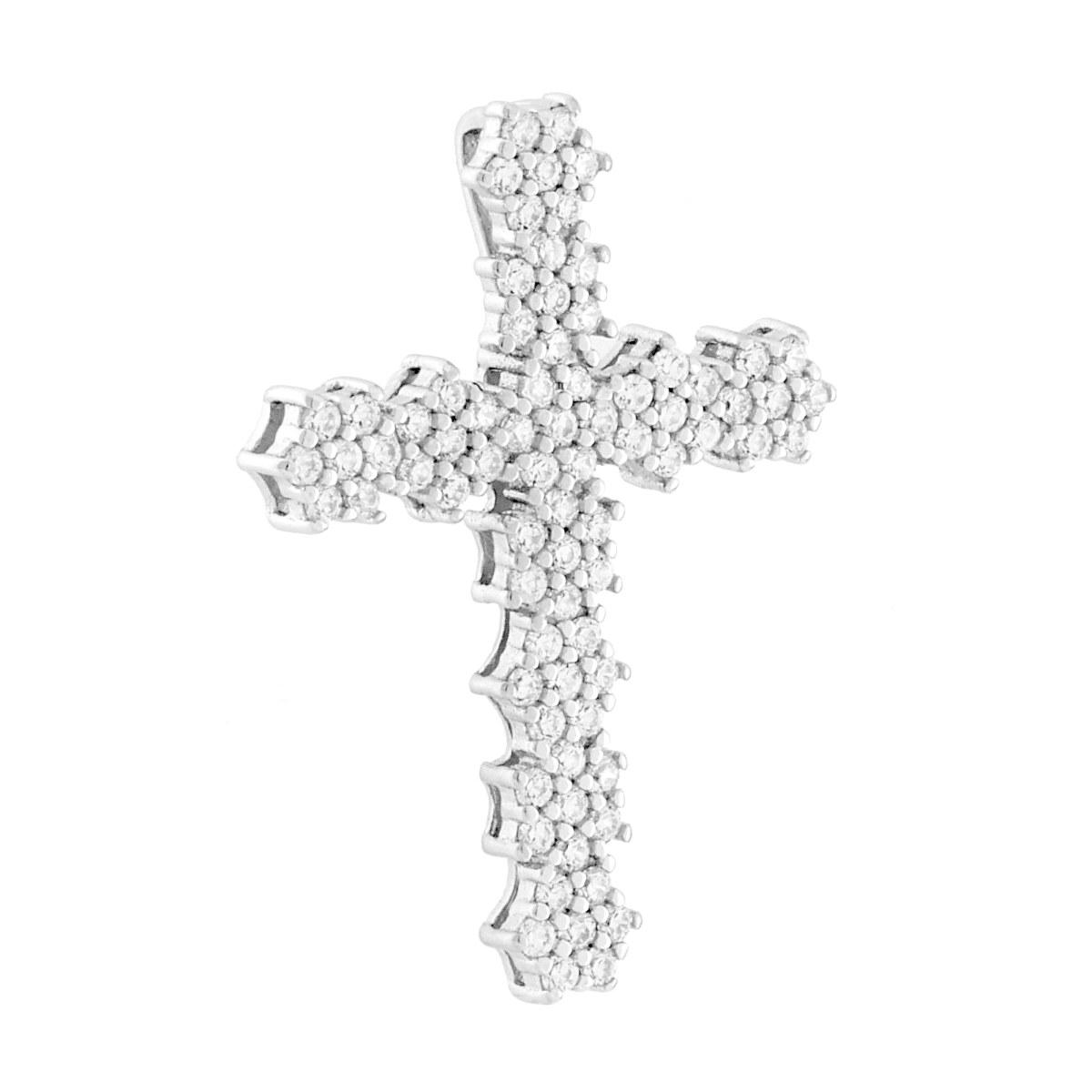 Ciondolo Croce con Fiori Cubic Zirconia Bianchi in ARGENTO 925 Galvanica Rodio