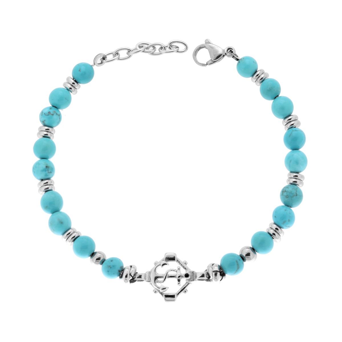 Bracciale Catena con Pietre Naturali colore Turchese con Ancora in ACCIAIO
