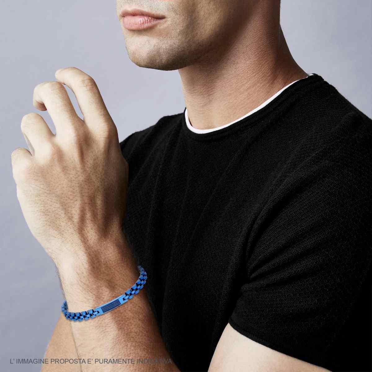 Bracciale Uomo Catena Imperniata con Targa e Crystal Neri in ACCIAIO colore Blu