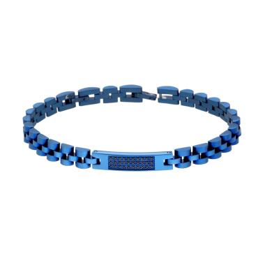 Bracciale Uomo Catena Imperniata con Targa e Cubic Zirconia Neri in ACCIAIO colore Blu