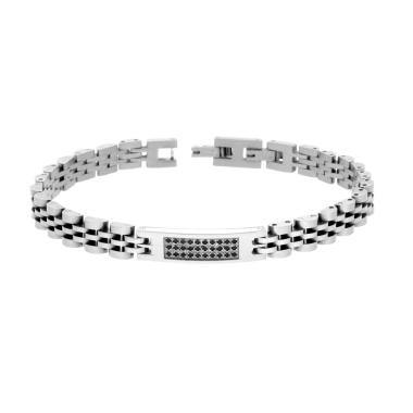 Bracciale Uomo Catena Imperniata con Targa e Cubic Zirconia Neri in ACCIAIO