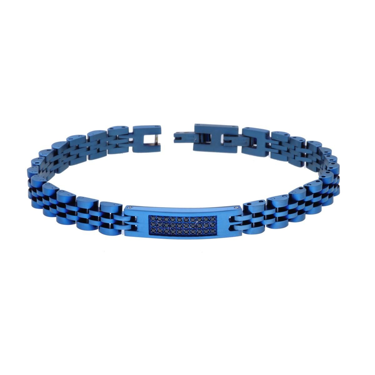 Bracciale Uomo Catena Imperniata con Targa e Cubic Zirconia Neri in ACCIAIO colore Blu