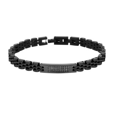 Bracciale Uomo Catena Imperniata con Targa e Cubic Zirconia Neri in ACCIAIO colore Nero