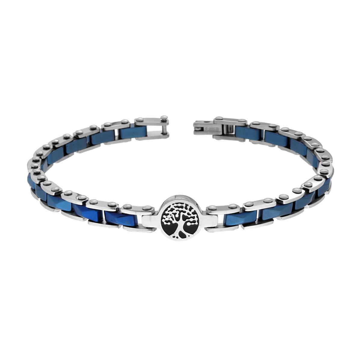 Bracciale Uomo Catena Imperniata in Ceramica Blu e Albero della Vita in ACCIAIO