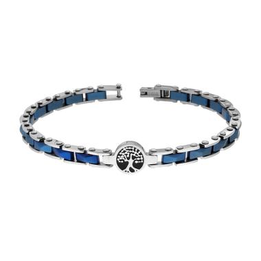 Bracciale Uomo Catena Imperniata in Ceramica Blu e Albero della Vita in ACCIAIO