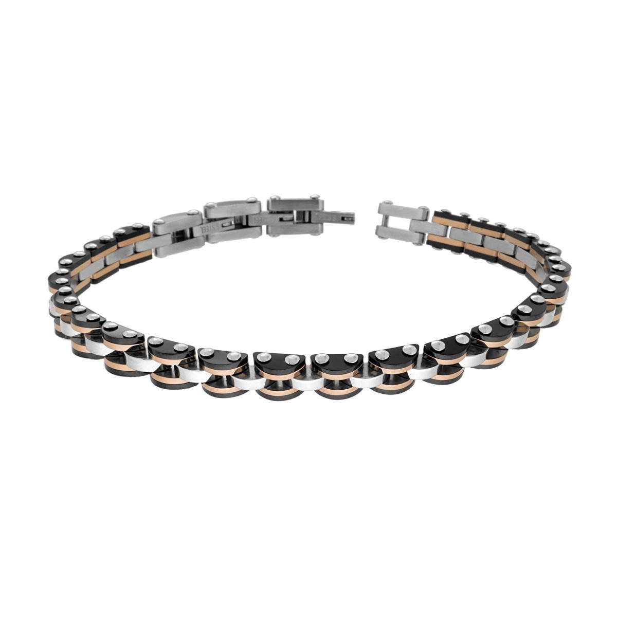 Bracciale Uomo Maglia Imperniata Nero e Rosa in ACCIAIO