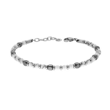 Bracciale Catena con Sfere Pietre Bianca Howlite Cubetti colore Ematite e Anelli in ACCIAIO